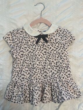 Janie and Jack Cream Peter Pan Collar Leopard Print Top with Black Bow Size 4